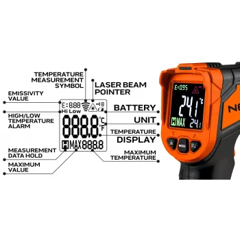 NEO TOOLS 75-276 pyrometer, bezkontaktný infračervený teplomer s dvojitým laserovým zameriavaním, -50°C až 880°C, 12:1 D:S, nastaviteľná emisivita, podsvietený LCD