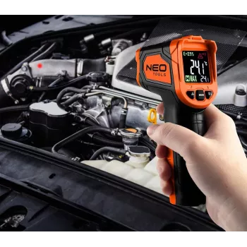 NEO TOOLS 75-276 pyrometer, bezkontaktný infračervený teplomer s dvojitým laserovým zameriavaním, -50°C až 880°C, 12:1 D:S, nastaviteľná emisivita, podsvietený LCD