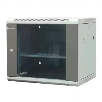 EMITER EM/AP6409 9U nástenný sieťový rozvádzač 19 palcov 600x450x500 mm sivý, tvrdené sklenené dvere, uzamykateľný