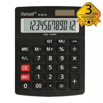 REBELL RE-8118-12 BX polo-desktopová kalkulačka, 12-miestny sklonený LCD displej, duálne napájanie solárne a batéria, čierna