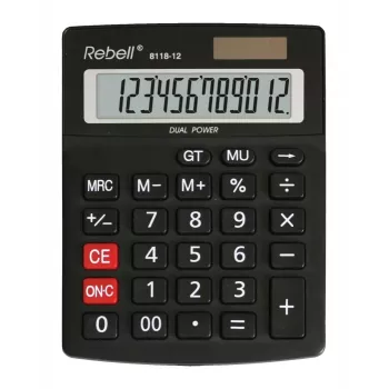 REBELL RE-8118-12 BX polo-desktopová kalkulačka, 12-miestny sklonený LCD displej, duálne napájanie solárne a batéria, čierna