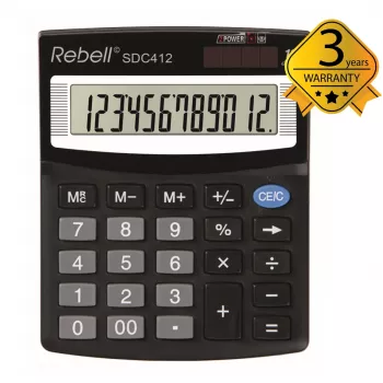 REBELL RE-SDC412 BX stolová kalkulačka, 12-miestny LCD, Dual Power, čierna
