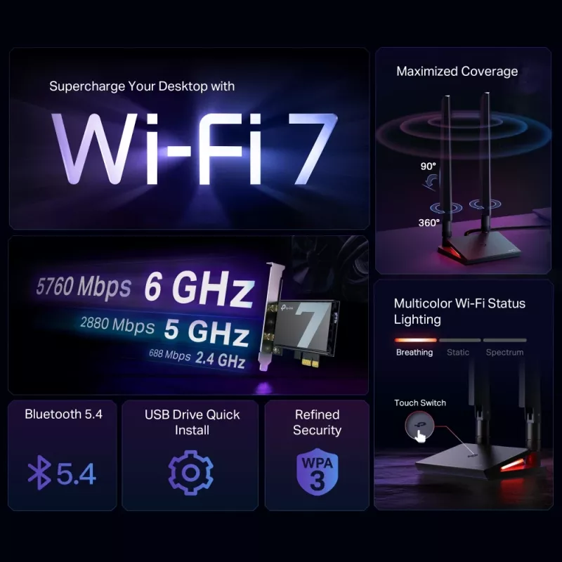 TP-Link Archer TBE550E WiFi 7 Bluetooth 5.4 adaptér BE9300 Triband, PCI Express, 2x externá anténa