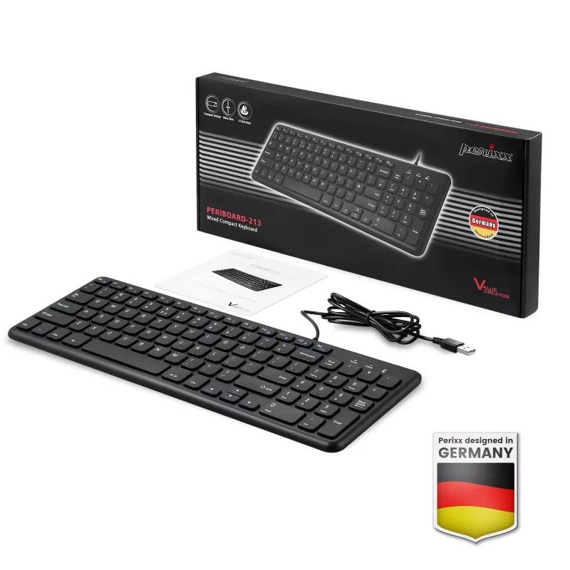 Perixx PERIBOARD-213 DE B káblová USB klávesnica, nemecké rozloženie (QWERTZ), nožnicové spínače, čierna