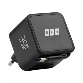 EFB Elektronik G352CE 35W GaN USB-C nástenná nabíjačka s vyťahovacím 0,7m káblom, PD3.0 & QC3.0, čierna