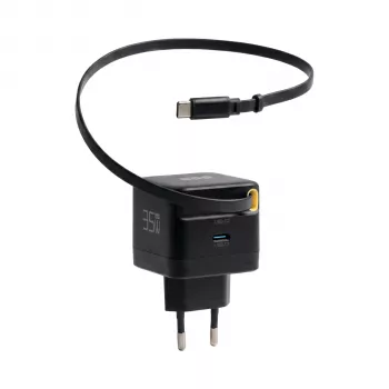 EFB Elektronik G352CE 35W GaN USB-C nástenná nabíjačka s vyťahovacím 0,7m káblom, PD3.0 & QC3.0, čierna