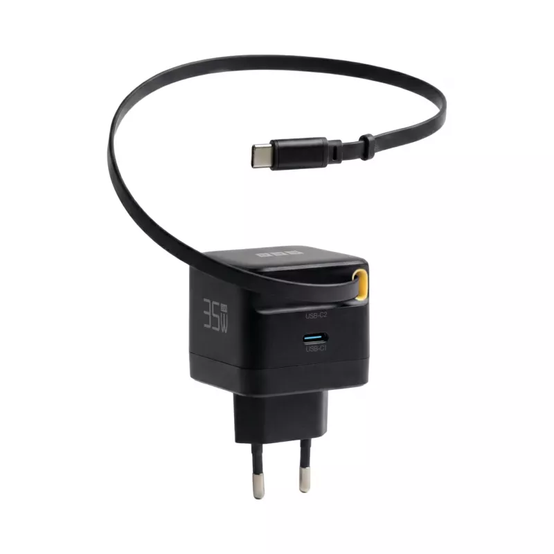 EFB Elektronik G352CE 35W GaN USB-C nástenná nabíjačka s vyťahovacím 0,7m káblom, PD3.0 & QC3.0, čierna
