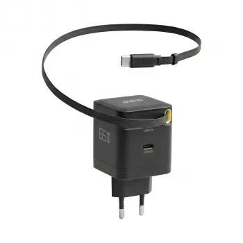 EFB Elektronik G652CE 65W GaN USB-C PD 3.0 nástenná nabíjačka so zvinovacím káblom, čierna