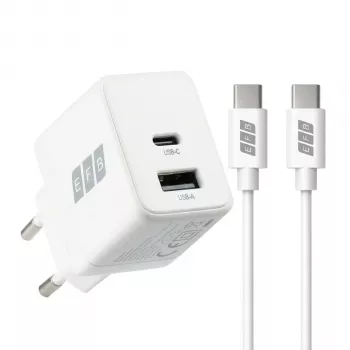 EFB Elektronik G201A1CE 20W GaN USB-C PD3.0 + USB-A QC3.0 sada nástennej nabíjačky s 2m USB-C káblom, biela