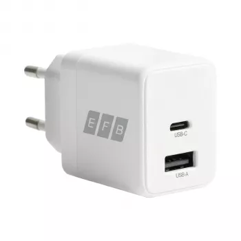 EFB Elektronik G201A1CE 20W GaN USB-C PD3.0 + USB-A QC3.0 sada nástennej nabíjačky s 2m USB-C káblom, biela