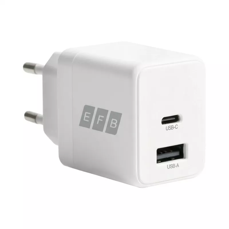EFB Elektronik G201A1CE 20W GaN USB-C PD3.0 + USB-A QC3.0 sada nástennej nabíjačky s 2m USB-C káblom, biela