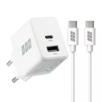 EFB Elektronik G301A1CE 30W GaN USB-C PD3.0 + USB-A QC3.0 sada nástennej nabíjačky s 2m USB-C káblom, biela