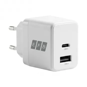 EFB Elektronik G301A1CE 30W GaN USB-C PD3.0 + USB-A QC3.0 sada nástennej nabíjačky s 2m USB-C káblom, biela