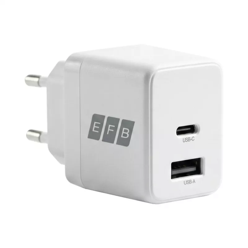 EFB Elektronik G301A1CE 30W GaN USB-C PD3.0 + USB-A QC3.0 sada nástennej nabíjačky s 2m USB-C káblom, biela