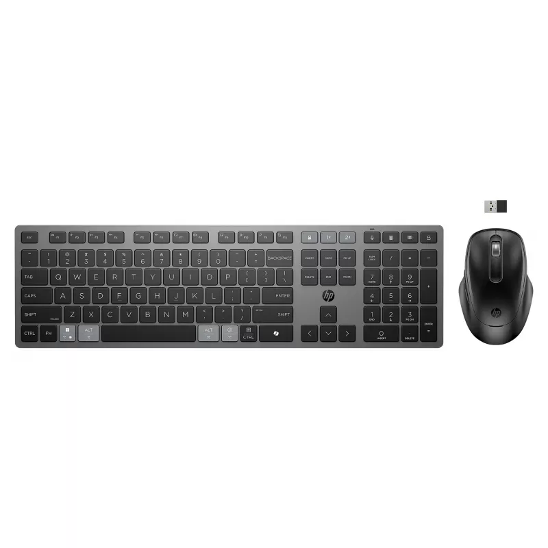 HPINC HP 725 - sada klávesnice a myši - multifunkčná, nabíjateľná, napájaná superkondenzátorom - full size - bezdrôtová - Nightfall Black -