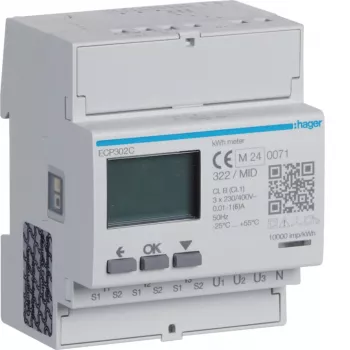Hager ECP302C trojfázový elektromer pre 1A alebo 5A prúdové transformátory, 4-modulová DIN lišta, S0 impulzný výstup