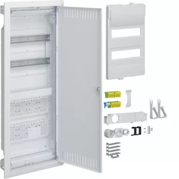 HAGER VU602NWH podomietkový rozvádzač so zásuvkou a oceľovými dverami, 2 rady, 24 modulov, biela