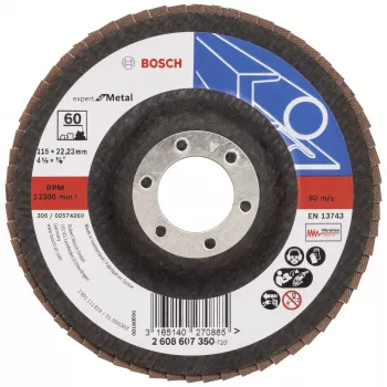 Bosch X551 Standard pre kov Lamelový brúsny kotúč, priemer 115 mm, otvor 22,33 mm, zrnitosť 60, zirkónový korund, kužeľový, 1 kus 2608607350