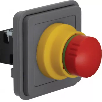 Hager WNA033 núdzové zastavenie, červená hríbová hlava, žlté pozadie, 1 NC, 250 V AC, 10 A, skrutkové svorky, podomietková montáž