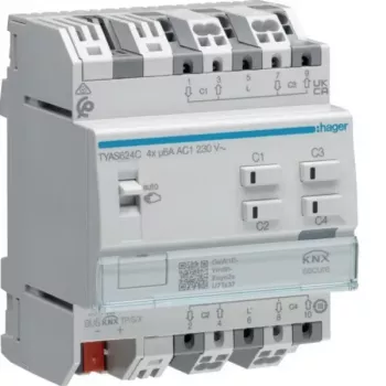 Hager TYAS624C KNX Secure 4-kanálový akčný člen pre rolety/žalúzie, 230 V AC, DIN lišta