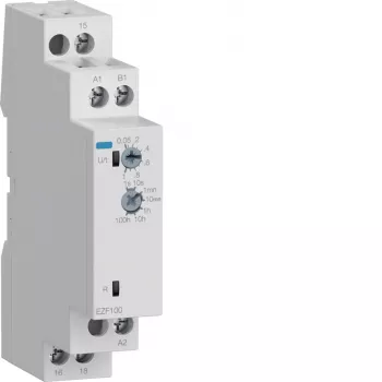 Hager EZF100 multifunkčné časové relé, 230V AC, 8 funkcií, 0,1s-10h, 1 CO kontakt, DIN lišta