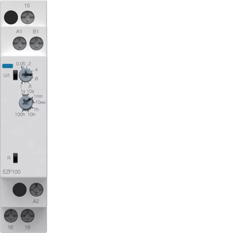 Hager EZF100 multifunkčné časové relé, 230V AC, 8 funkcií, 0,1s-10h, 1 CO kontakt, DIN lišta