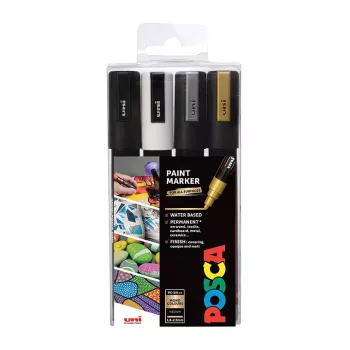 Uni-Ball Faber-Castell POSCA PC-5M sada metalických akrylových fixiek, 4 farby, stredný guľatý hrot 1,8-2,5 mm 182544