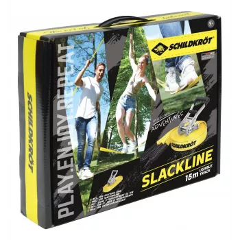 SCHILDKRÖT slackline set 15 m žltý, 50 mm široký s račňovým napínaním – balančný tréningový set 970701