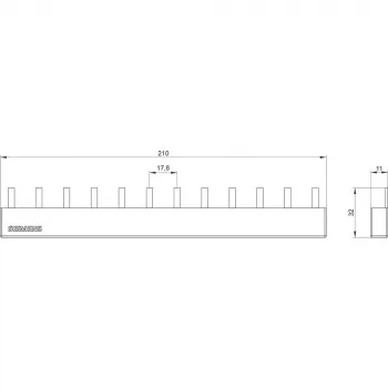 SIEMENS kolíková zbernica 4x3-fázy 5ST3645, 12 modulov, 63 A, 400 V, 10 mm², plne izolovaná