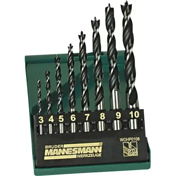 Brüder Mannesmann M54308 sada vrtákov do dreva, 8-dielna, 3–10 mm, hrot so strediacim hrotom, uhlíková oceľ, plastový kufrík