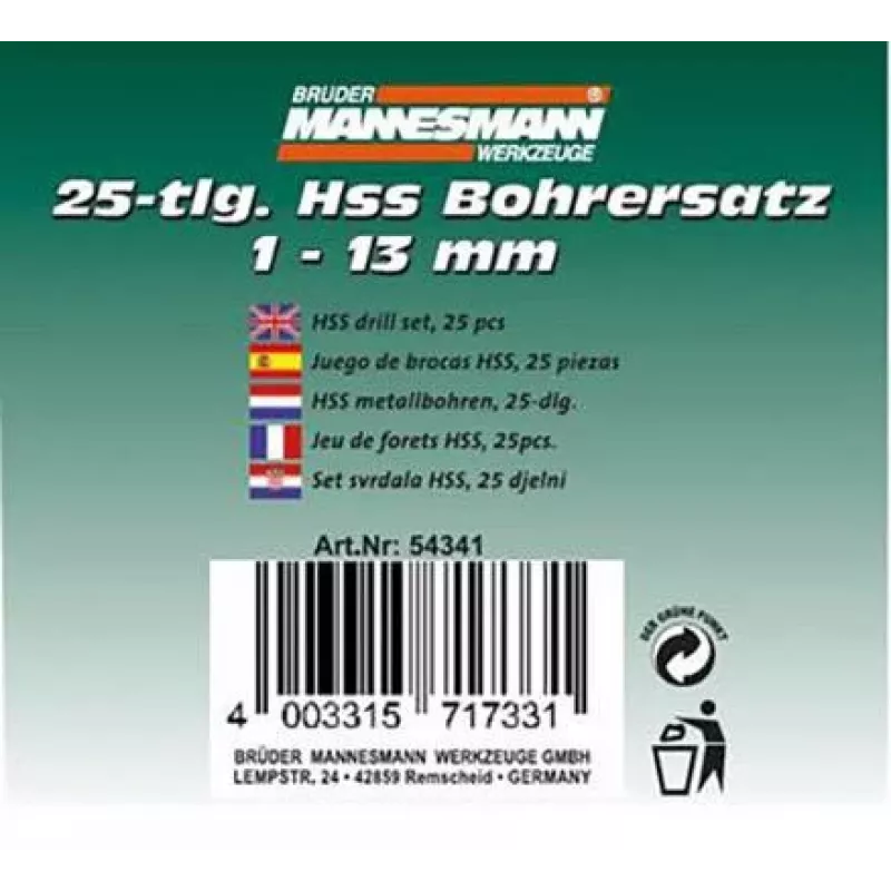 Brüder Mannesmann M54341 25-dielna sada HSS špirálových vrtákov, 1-13 mm v kovovom kufríku