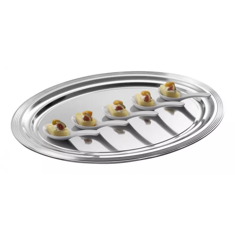 APS CLASSIC Obdĺžniková servírovacia doska 460x340mm strieborná niklovaná a chrómovaná kovová s líniami