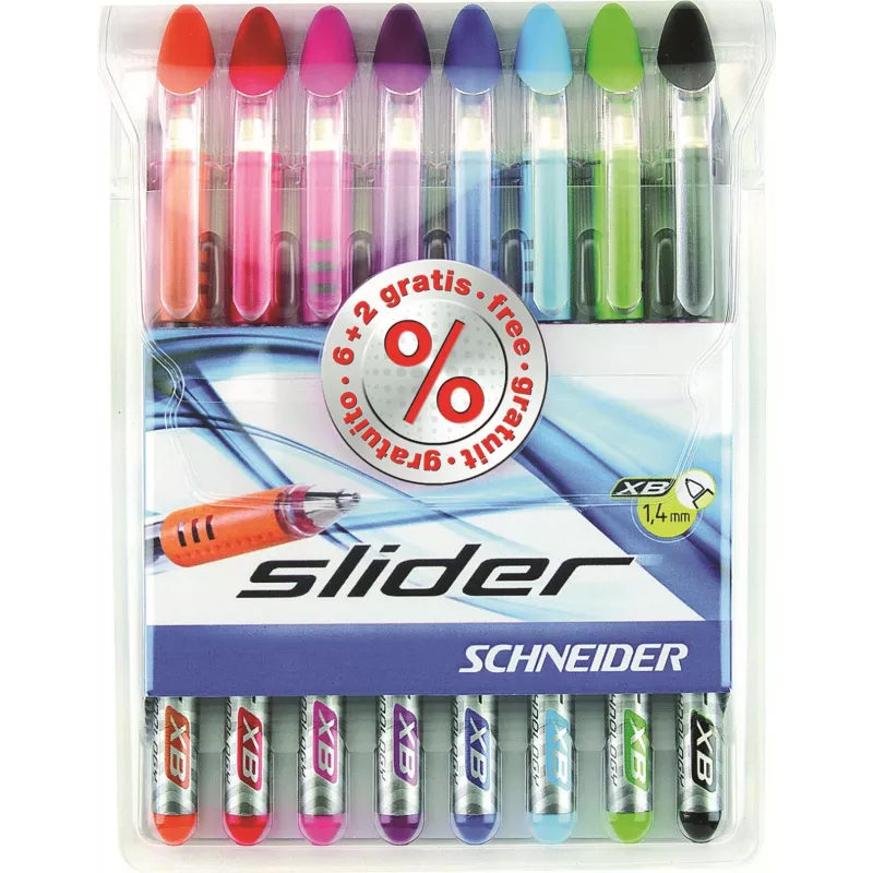 Schneider Slider Basic sada guľôčkových pier - 8 rôznych farieb, extra široký 1,4 mm hrot, Viscoglide technológia, ergonomická pogumovaná úchopová zóna, nerezový klip 151298