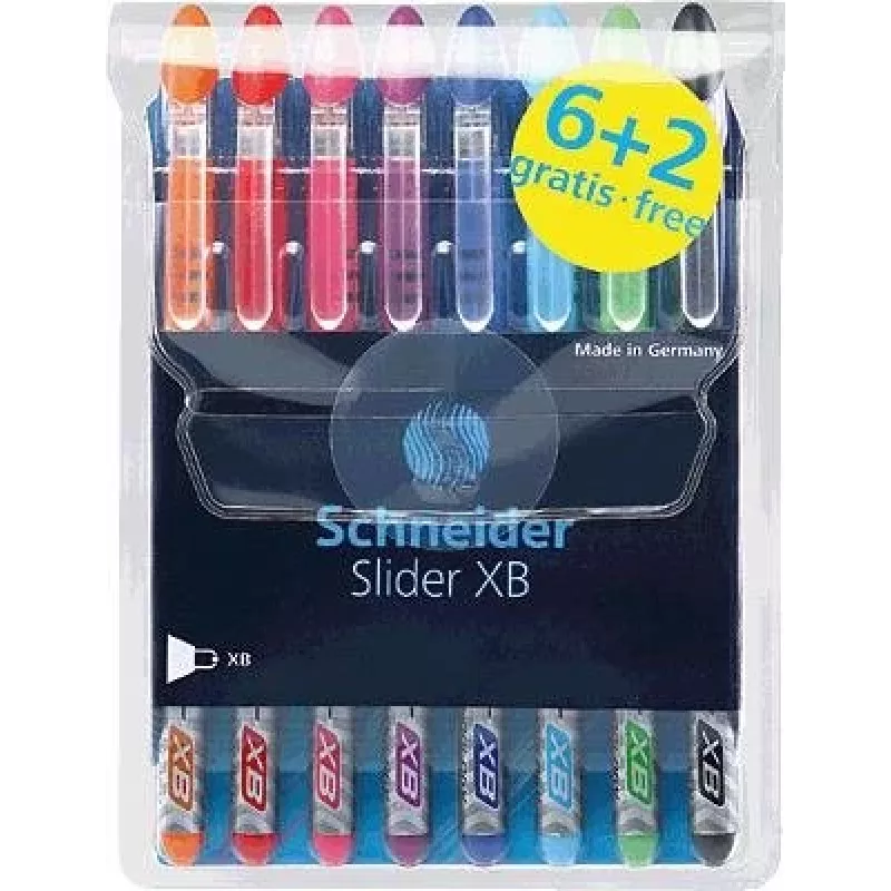 Schneider Slider Basic sada guľôčkových pier - 8 rôznych farieb, extra široký 1,4 mm hrot, Viscoglide technológia, ergonomická pogumovaná úchopová zóna, nerezový klip 151298