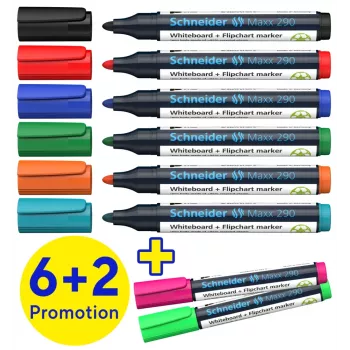 Schneider Maxx 290 fixka na bielu tabuľu a flipchart sada 8 ks rôzne farby, guľatý hrot 2,0-3,0 mm 129098
