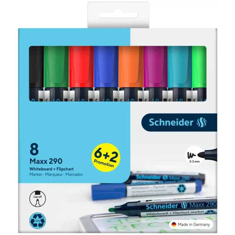 Schneider Maxx 290 fixka na bielu tabuľu a flipchart sada 8 ks rôzne farby, guľatý hrot 2,0-3,0 mm 129098