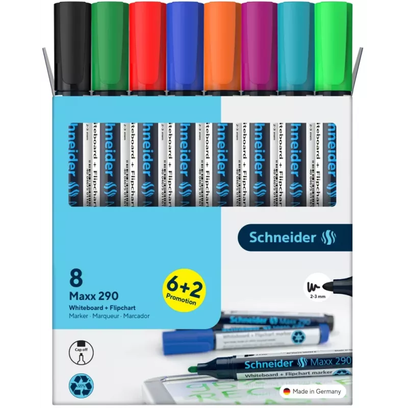Schneider Maxx 290 fixka na bielu tabuľu a flipchart sada 8 ks rôzne farby, guľatý hrot 2,0-3,0 mm 129098