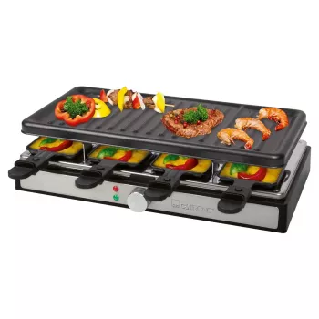 Clatronic RG 3757 Raclette gril, obdĺžnikový, rebrovaná grilovacia doska 42x21 cm, 8 Raclette panvičiek, 1400 W, nehrdzavejúca oceľ/plast 263946