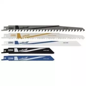 Wolfcraft 3599000 sada listov šabľovej píly, 5-dielna, HCS & bi-metal, 150/230 mm, 6/18 TPI, univerzálna 1/2 palcová stopka