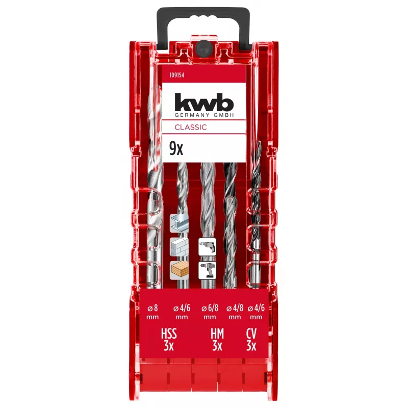 kwb 109154 sada vrtákov do kameňa, 9-dielna, 4/6/8 mm, s hrotom z tvrdokovu, DIN 8039