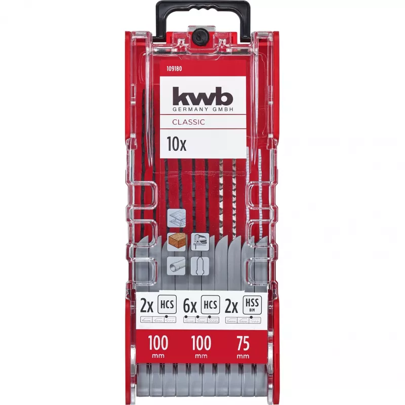 kwb 109180 sada čepelí do priamočiarej píly, 10-dielna, T-stopka, drevo/kov/plast