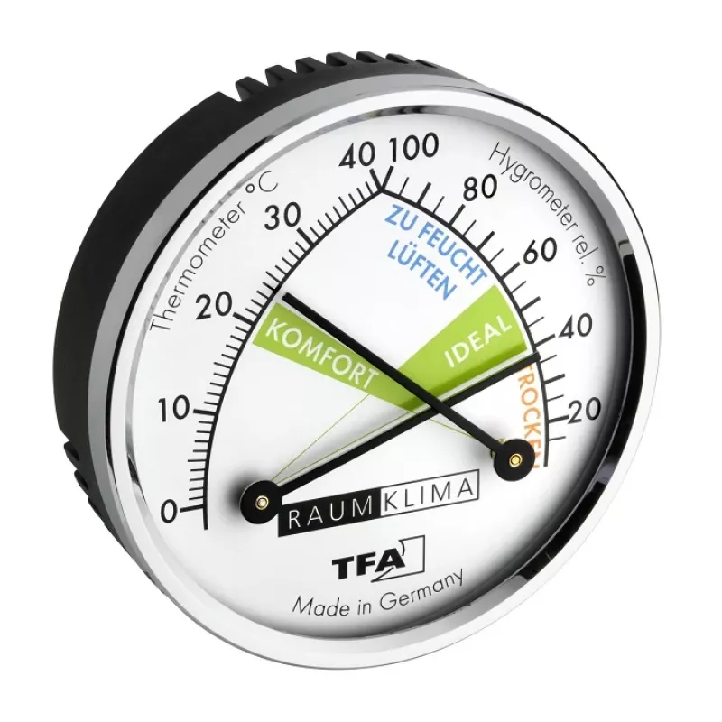 TFA Dostmann 452024 Termo-hygrometer, analógový, biela/strieborná, nástenná montáž alebo stojan, -15 až +55 °C, 0-100% RH