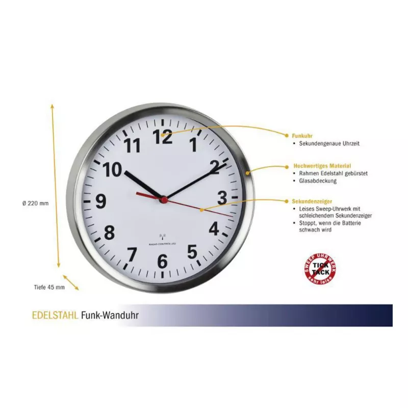 TFA Dostmann 60.3529.02 Rádiové nástenné hodiny 220 mm hliníkové, plynulý sekundový ručička