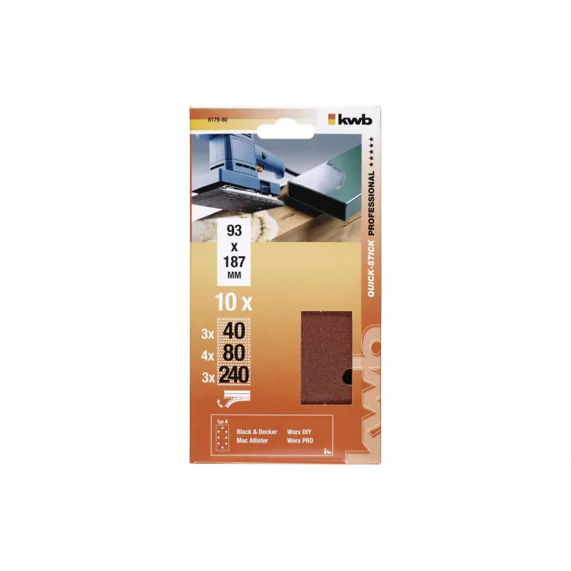 KWB 817980 Brúsne papiere, zrnitosť P40/P80/P240, 186 x 93 mm, 10 kusov