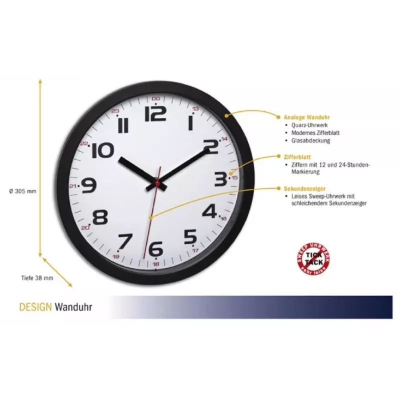TFA Dostmann 60.3050.01 Kvarzové nástenné hodiny 305 mm čierne