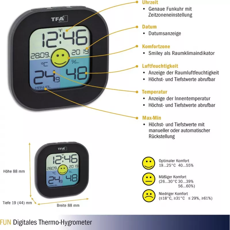 TFA Dostmann FUN interiérový elektronický hygrometer čierny (30.3242.02)