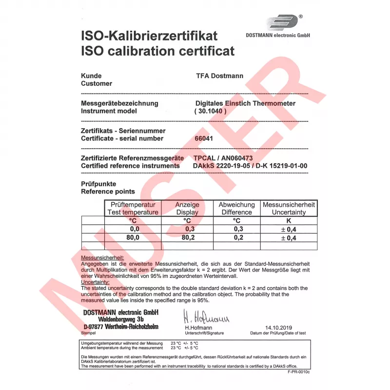 TFA Dostmann 30.1040.K kalibrovaný kuchynský teplomer (ISO) s automatickým vypnutím, HACCP & EN 13485, monitorovanie teploty jadra