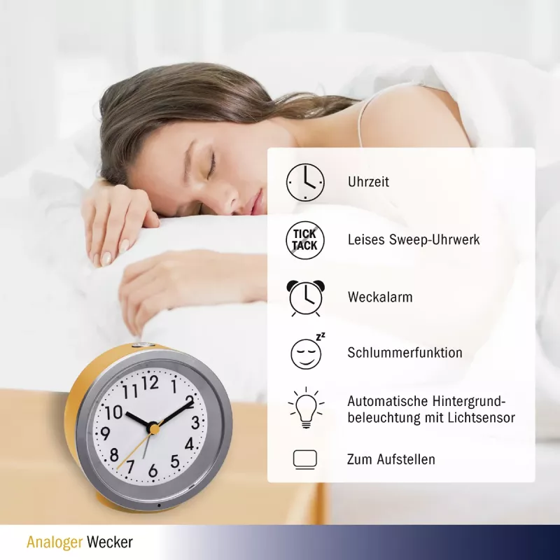 TFA Dostmann 60.1034.07 žltý okrúhly analógový kremenný budík