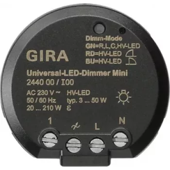 GIRA 244000 univerzálny LED stmievací modul, do omietky, elektronický, 230 V AC, 3-100 W LED / 20-200 W halogén, fázové rezanie, softstart, pamäťová funkcia