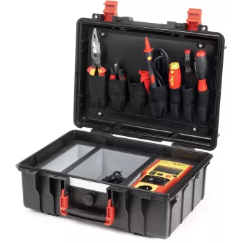 Wiha PAT one sada testera prístrojov VDE norma 0701-0702 (47220) prenosný tester prístrojov s farebným LCD, Bluetooth, USB-C, Li-Ion batéria, meracie vodiče, krokodílie svorky, taška